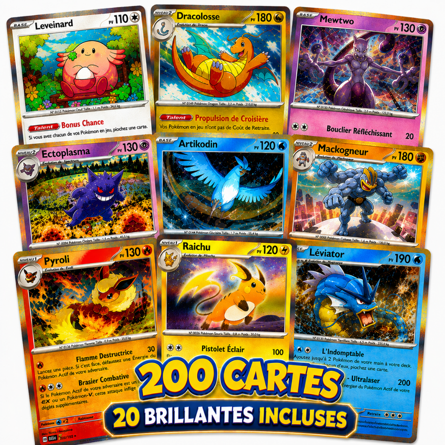 Lot de 200 cartes Pokémon FRANÇAISES — dont 20 brillantes