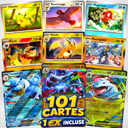 Lot de 101 cartes Pokémon FRANÇAISES — 1 EX incluse + 10 brillantes